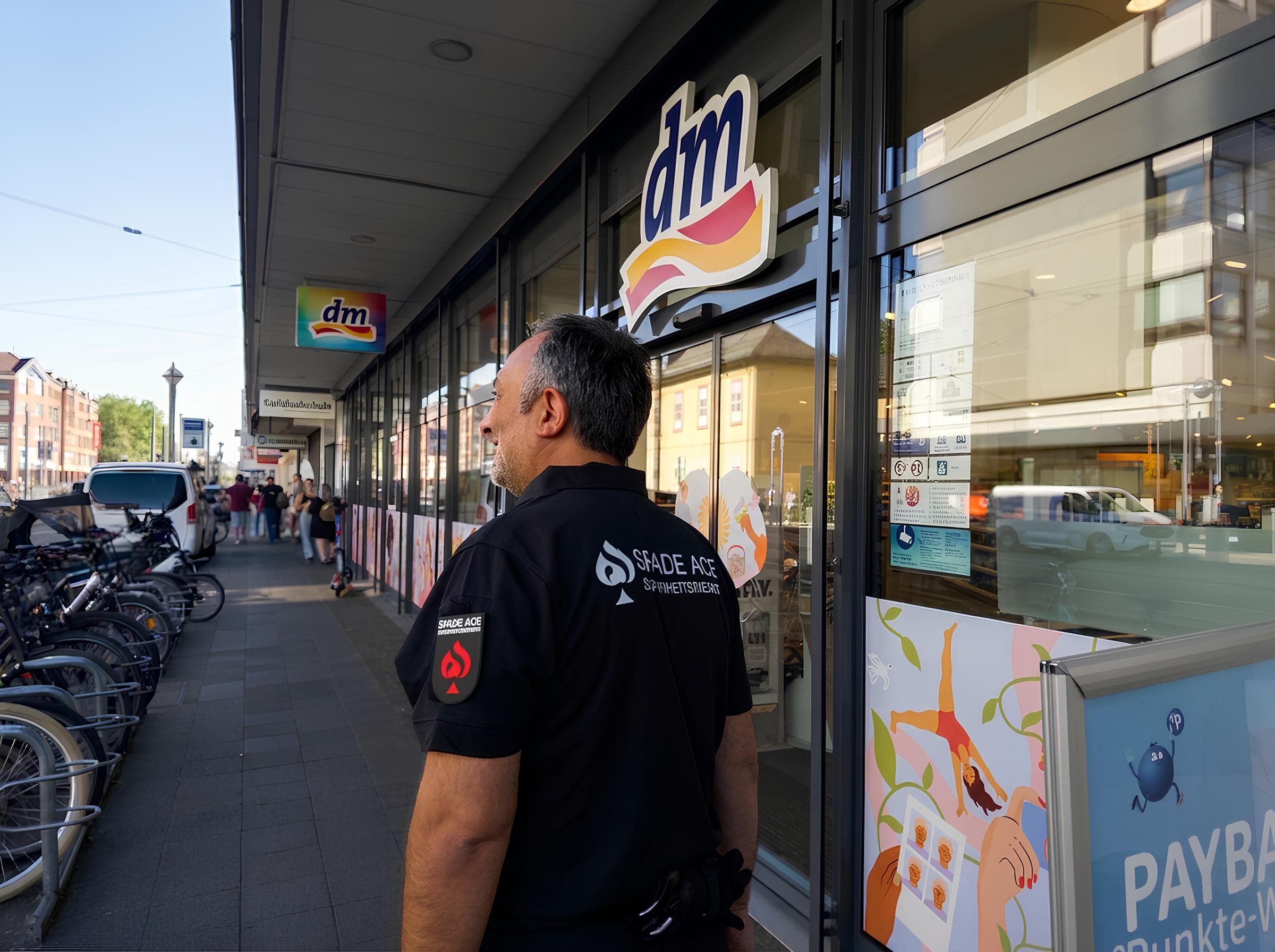 Spade-Ace-Sicherheitsmitarbeiter im Objektschutz-Einsatz vor einer dm-Filiale